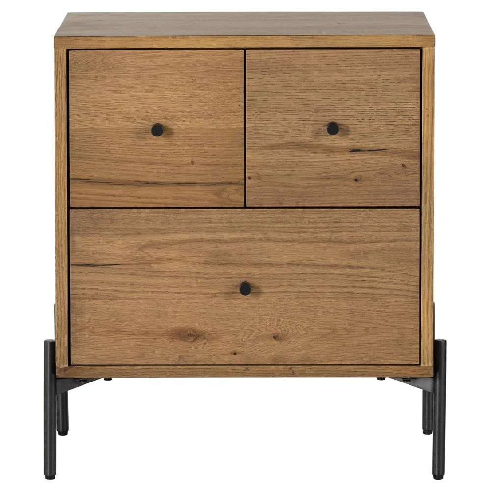 Alina Rustic Lodge Brown Wood Dark Grey Iron 3 Drawer Nightstand | Kathy Kuo Home