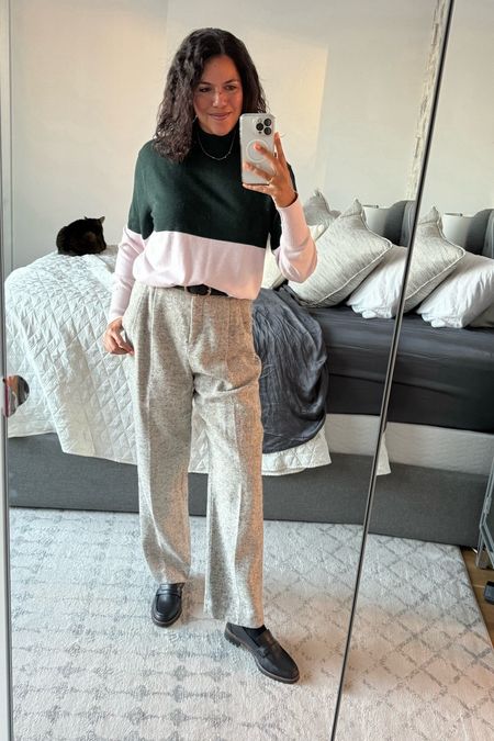 Cozy but professional winter work outfit! A soft slouchy mockneck sweater tucked into tweed trousers with chunky loafers. 

Sweater & pants Tory Burch (size small & size 10), belt ASOS (size M/L), loafers Madewell  

#LTKmidsize #LTKworkwear #LTKSeasonal