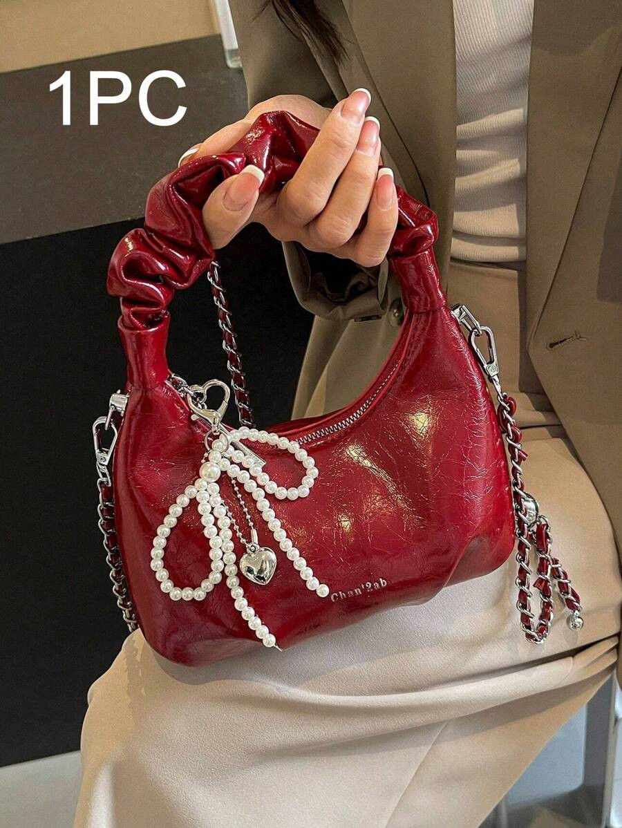 1pc Vintage Wine Red Pleated One Shoulder Underarm Handbag,With Pearl Bow Wrap Decoration,Comes W... | SHEIN