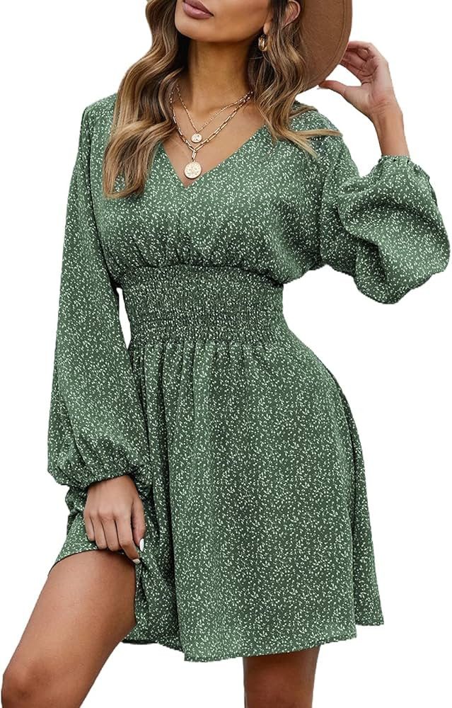 AILUNSNIKA Womens V Neck Balloon Sleeve Smocked Waist Printed Mini Dress | Amazon (CA)
