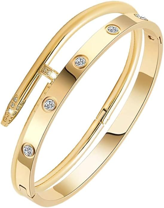 XSCQ Women Bracelets with Cubic Zirconia 18K Yellow Gold Plated Love Bracelets Oval Cuff Bangles ... | Amazon (US)