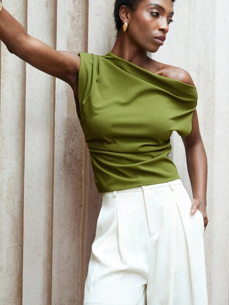 Aveloria Modichic Classy Commuting Well-Cut Old Money Style Asymmetric Shoulder Design Ruched Small Cap Sleeve Gathered Waist Women's Blouse | SHEIN