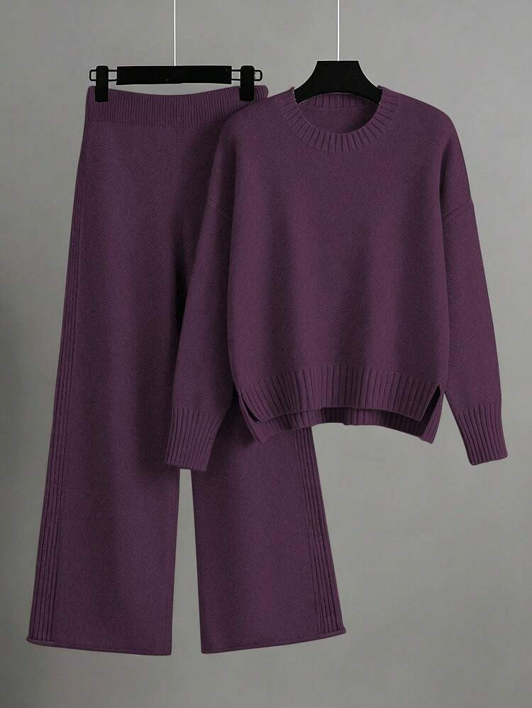 EMERY ROSE Women's Elegant Loose Long Sleeve Tie-Waist Knit Sweater And Pants Set, Plus Size, Suitable For Outings, Parties, And Wedding Guests, Autumn/Winter | SHEIN