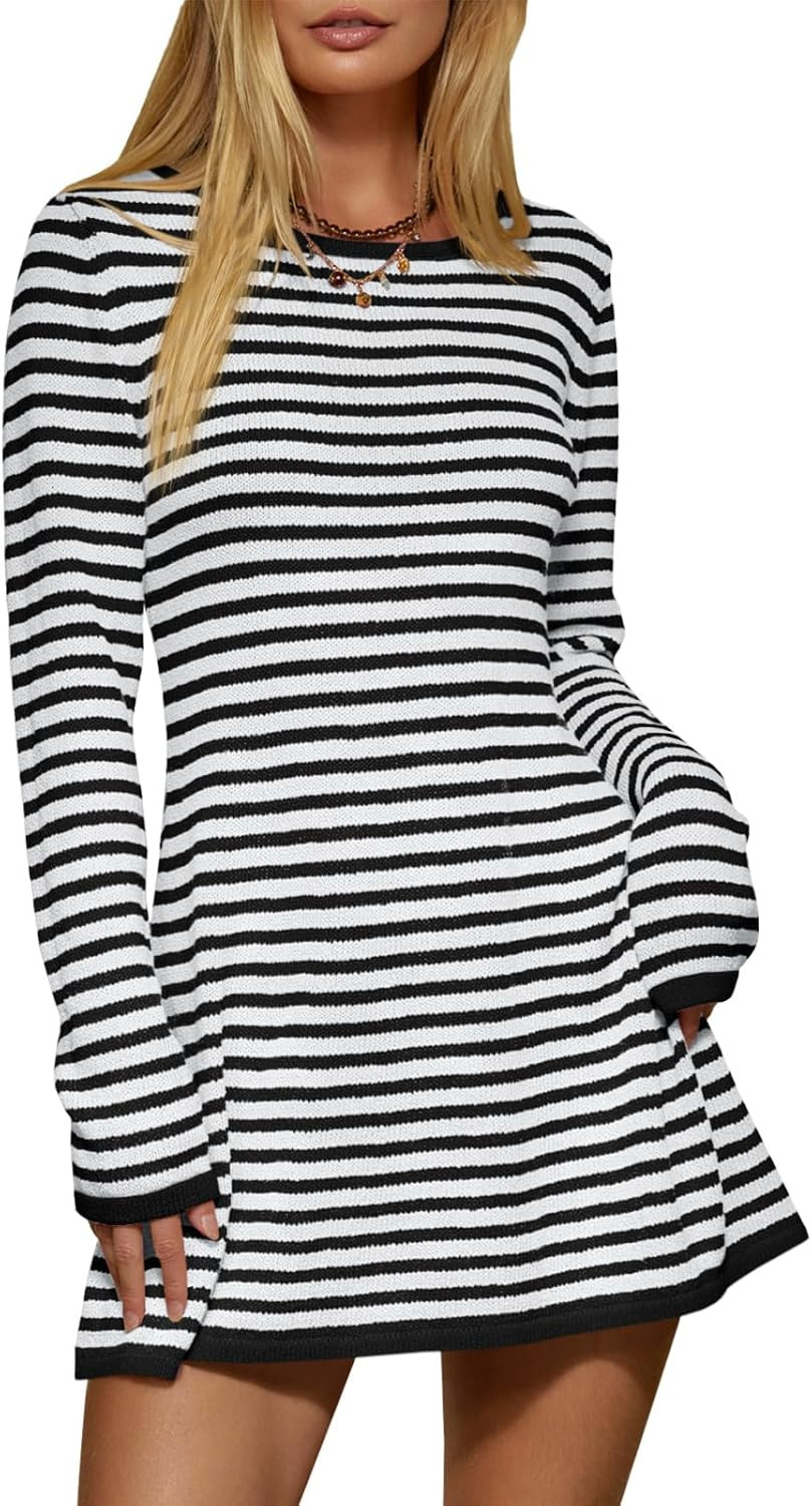 Saodimallsu Womens Striped Pullover Sweater Dress Ribbed Knit Mini Dress | Amazon (US)
