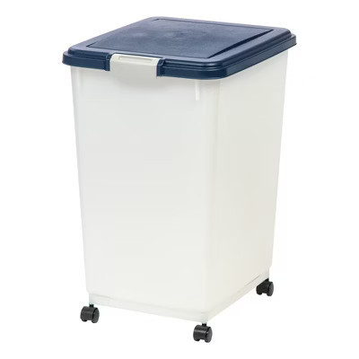 IRIS USA 54 Lbs / 69 Qt WeatherPro Airtight Pet Food Storage Container with Attachable Casters, Navy/Pearl | Target