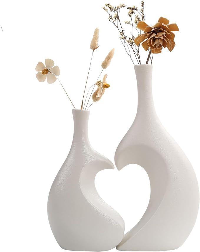 Ceramic Vase Set of 2, Heart Shaped vase, Matte Frosted Texture Finish,Farmhouse Decor, Home Deco... | Amazon (US)