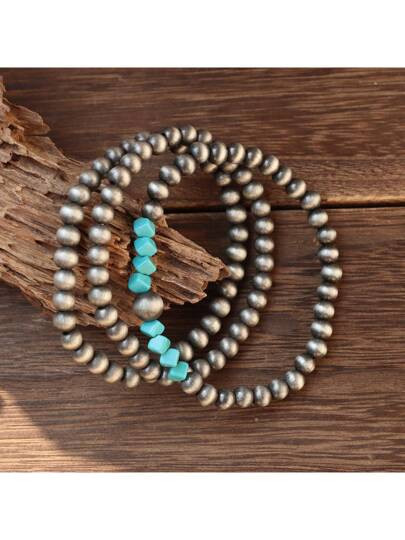 Bohemian Vintage Style Navajo Bead & Turquoise Beaded Stacking Elastic Bracelet, Western Jewelry ... | SHEIN
