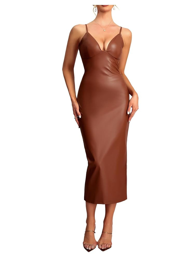 Women's Deep V Neck Leather Dress Sleeveless Tie Backless Split Hem Party Club Midi Dresses | Amazon (US)