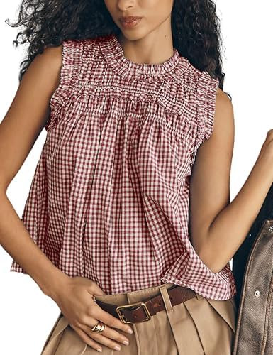 OPCAKM Casual Tops for Women Plaid Babydoll T Shirts Sleeveless Peplum Top Cotton Blouse Summer S... | Amazon (US)