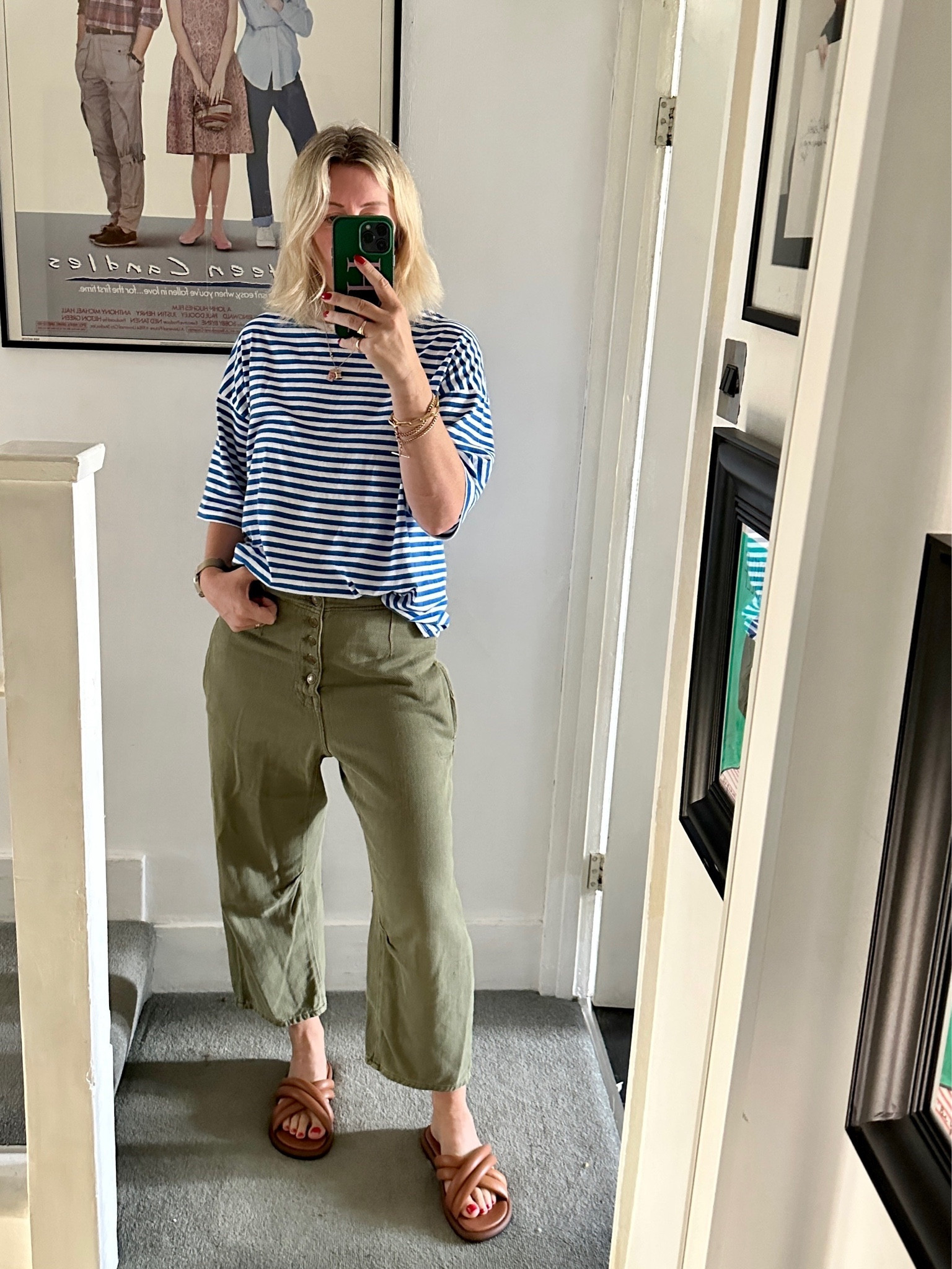 Daily outfit inspiration, summer outfit summer style, casual style, striped T-shirt, green cargo trousers, tan sandals 

#LTKeurope #LTKSeasonal #LTKstyletip