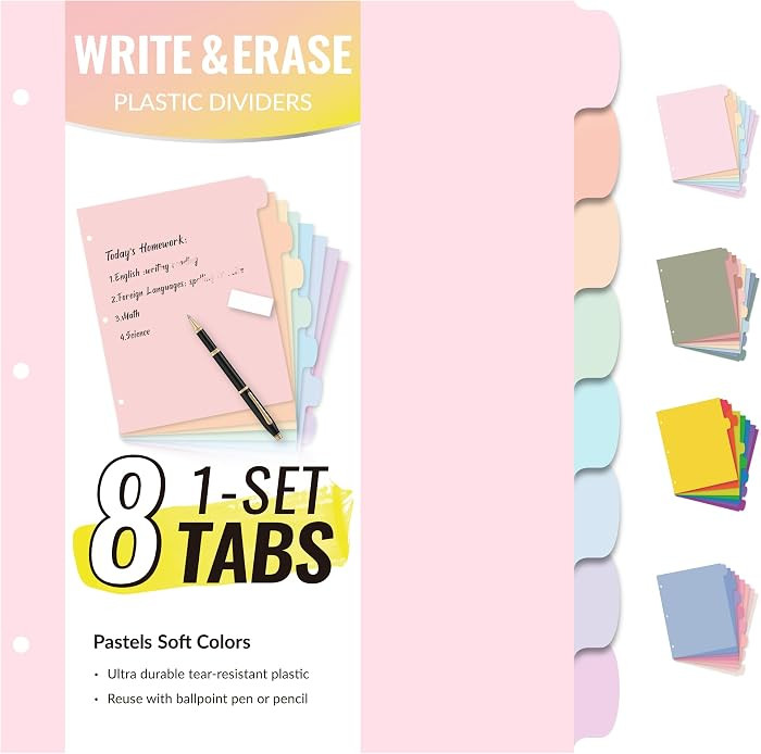 Sooez 8 Tabs Plastic Write & Erase Binder Dividers with Tabs, 1 Set | Amazon (US)