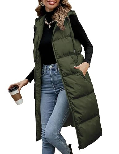 Lingswallow Long Puffer Vest Women Quilted Hooded Vests Outerwear Sleeveless Zip Up Coat Jackets With Pockets | Amazon (US)