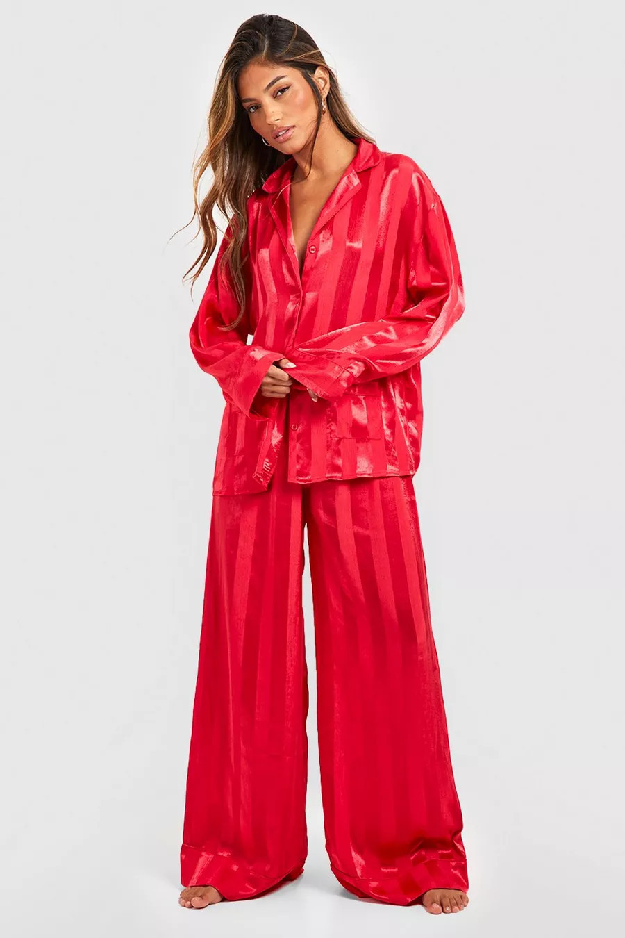 Premium Satin Stripe Double Pocket Pajama Set | boohoo (US & Canada)