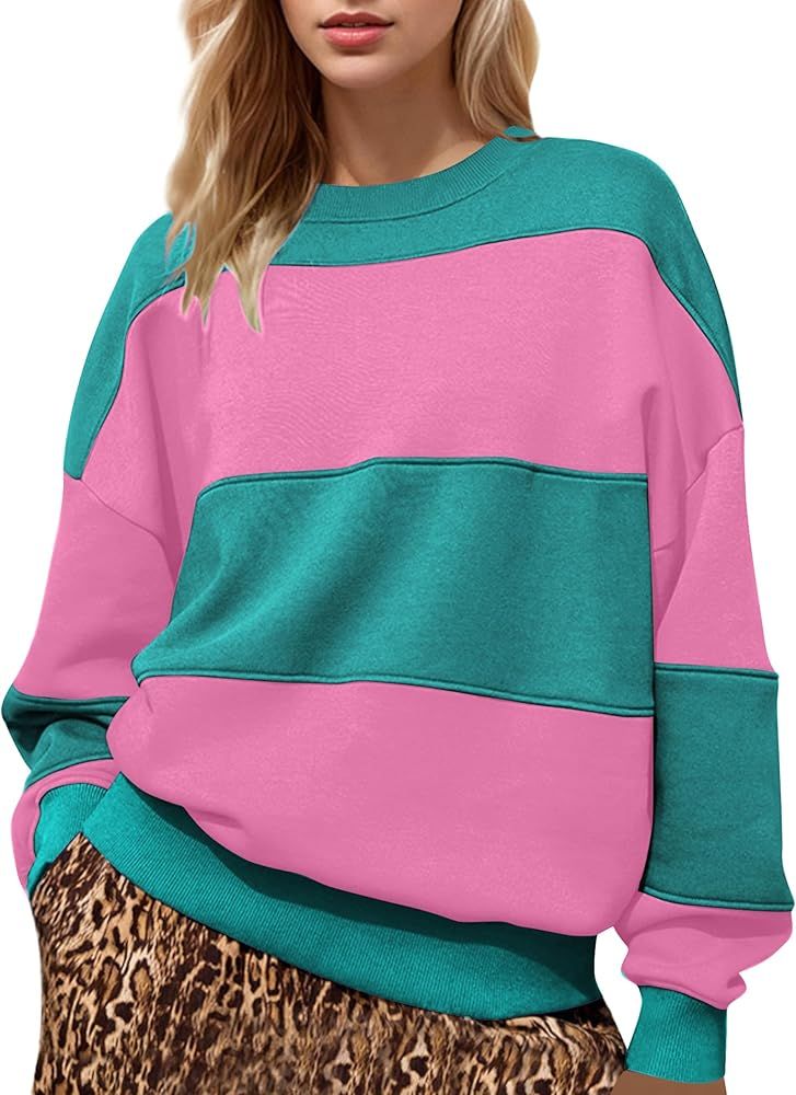 Ythomm Women Color Block Striped Oversized Sweatshirt Crewneck Long Sleeve Drop Shoulder Pullover... | Amazon (US)