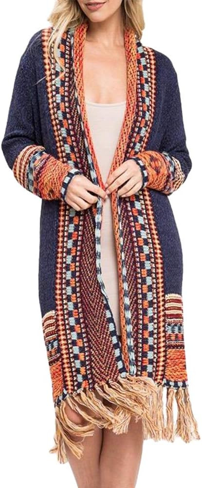 Women Boho Cardigan Sweater Long Open Front Maxi Knit Sweaters Aztec Tribal Tassel Fringe Thin Co... | Amazon (US)