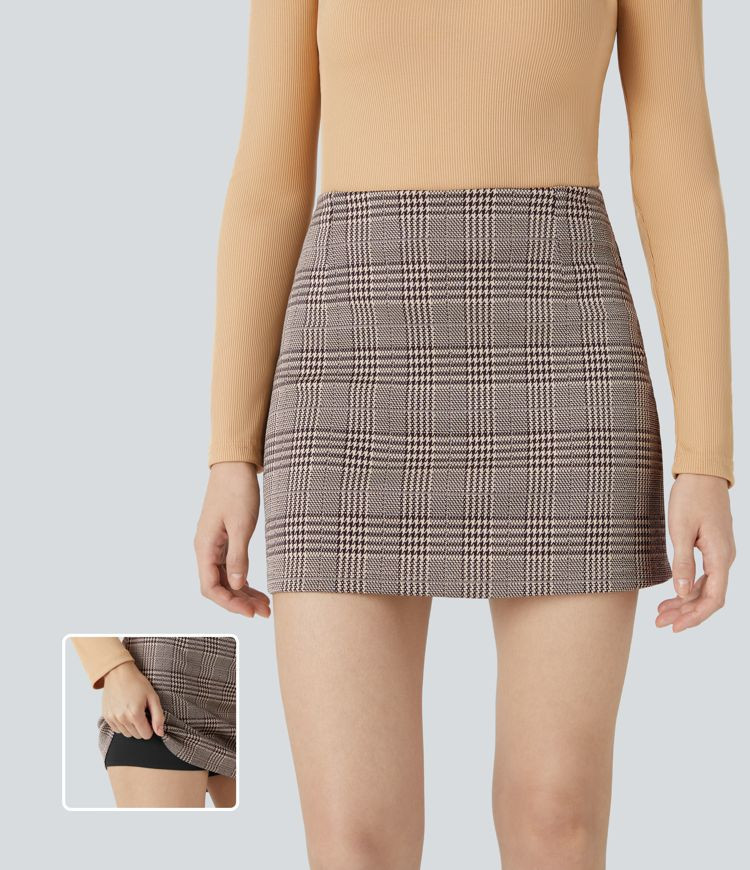 Women’s High Waisted 2-in-1 Houndstooth Plaid Mini Work Skirt - Halara | HALARA