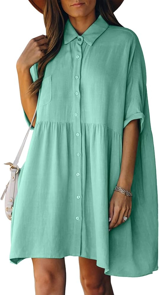 ThusFar Women's Casual Shirts Dress 3/4 Sleeve Babydoll Button Up Ruched Mini Dresses with Pocket... | Amazon (US)