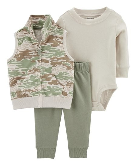 Tan & Green Camo Zip-Up Vest Set - Newborn & Infant | Zulily