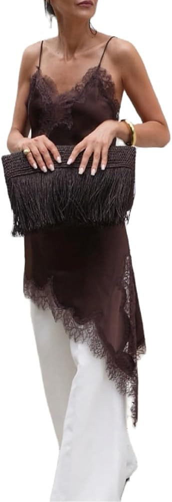 Silk Lace Trim Camisole Tops for Women Satin Layering Asymmetrical Tops Lace Patchwork Cami Tank ... | Amazon (US)