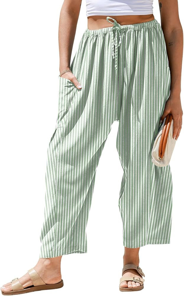 TARSE Womens Linen Wide Leg Striped Pants Casual Barrel Loose Drawstring Low Waist Palazzo Harem ... | Amazon (US)