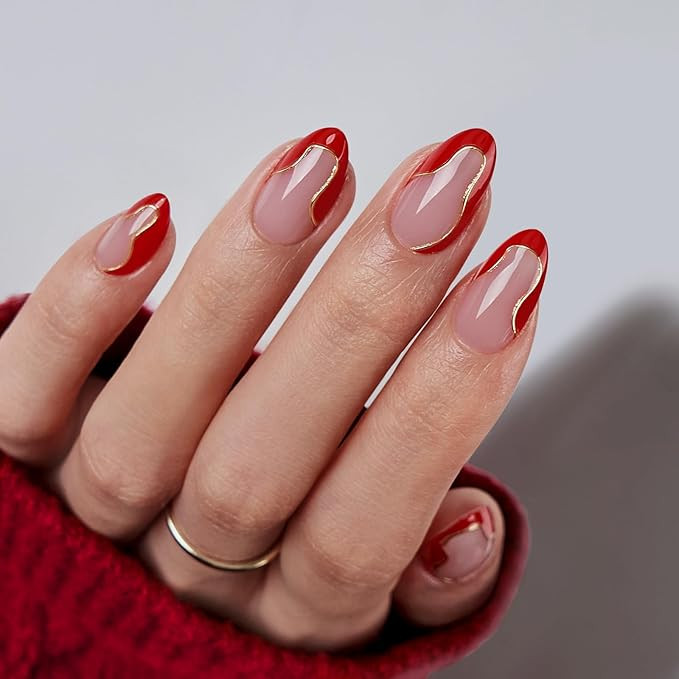 BTArtbox Press On Nails Almond - Designed Red French Tip Press On Nails Short with Gold Foil, Glu... | Amazon (US)