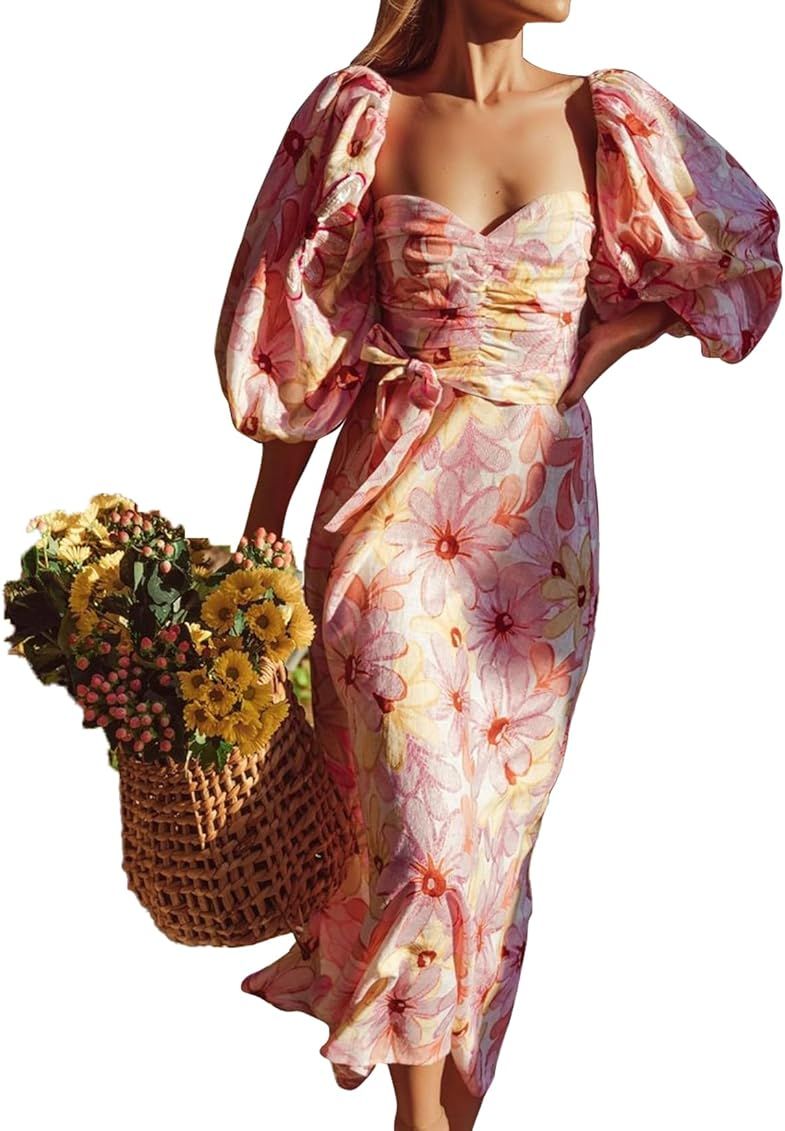 Jardinvue Women Printed Floral Dress Pink Bubble Sleeve Long Dress Square Neck Dress Low Cut Maxi... | Amazon (US)