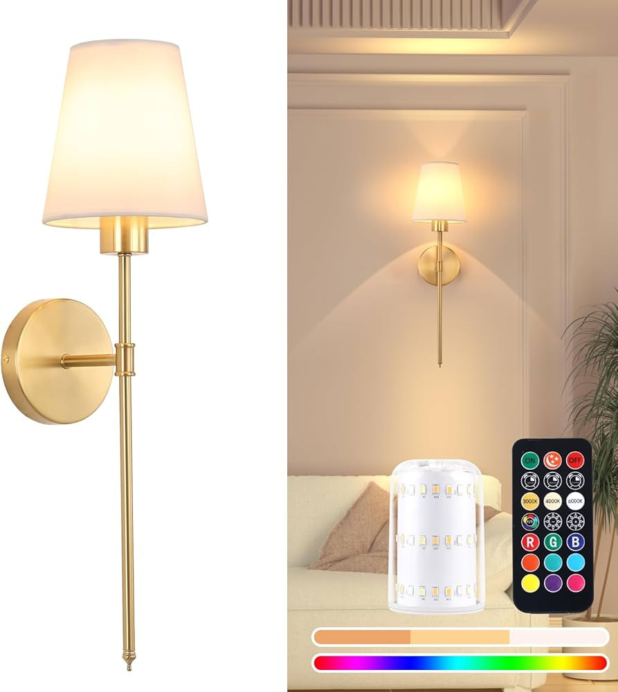 Battery Operated Wall Sconce 1 Light, Rechargeable Dimmable Wall Light with Remote Control, Moder... | Amazon (US)