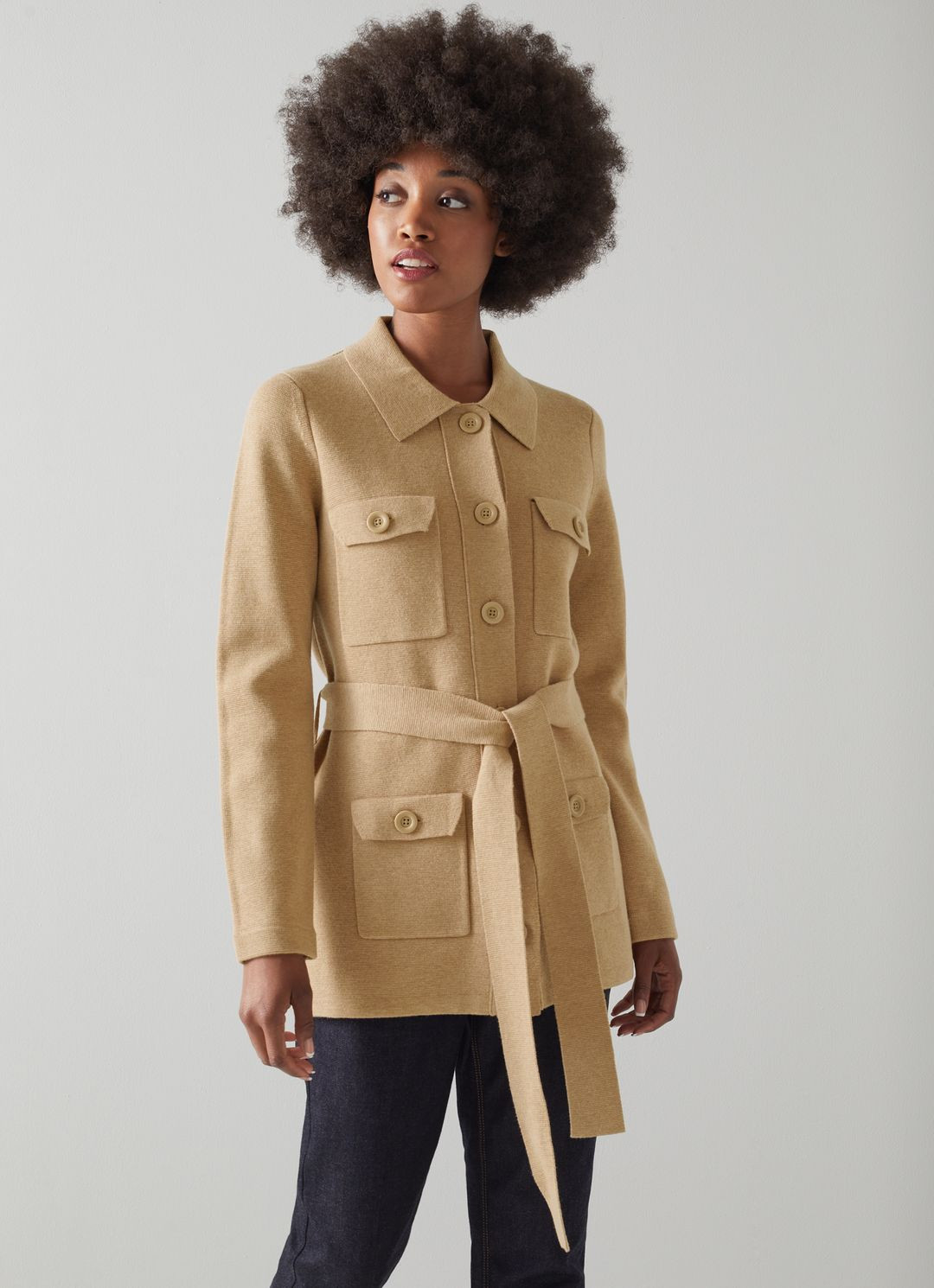 Miranda Camel Merino Wool-Cotton Belted Cardigan | L.K. Bennett (UK)