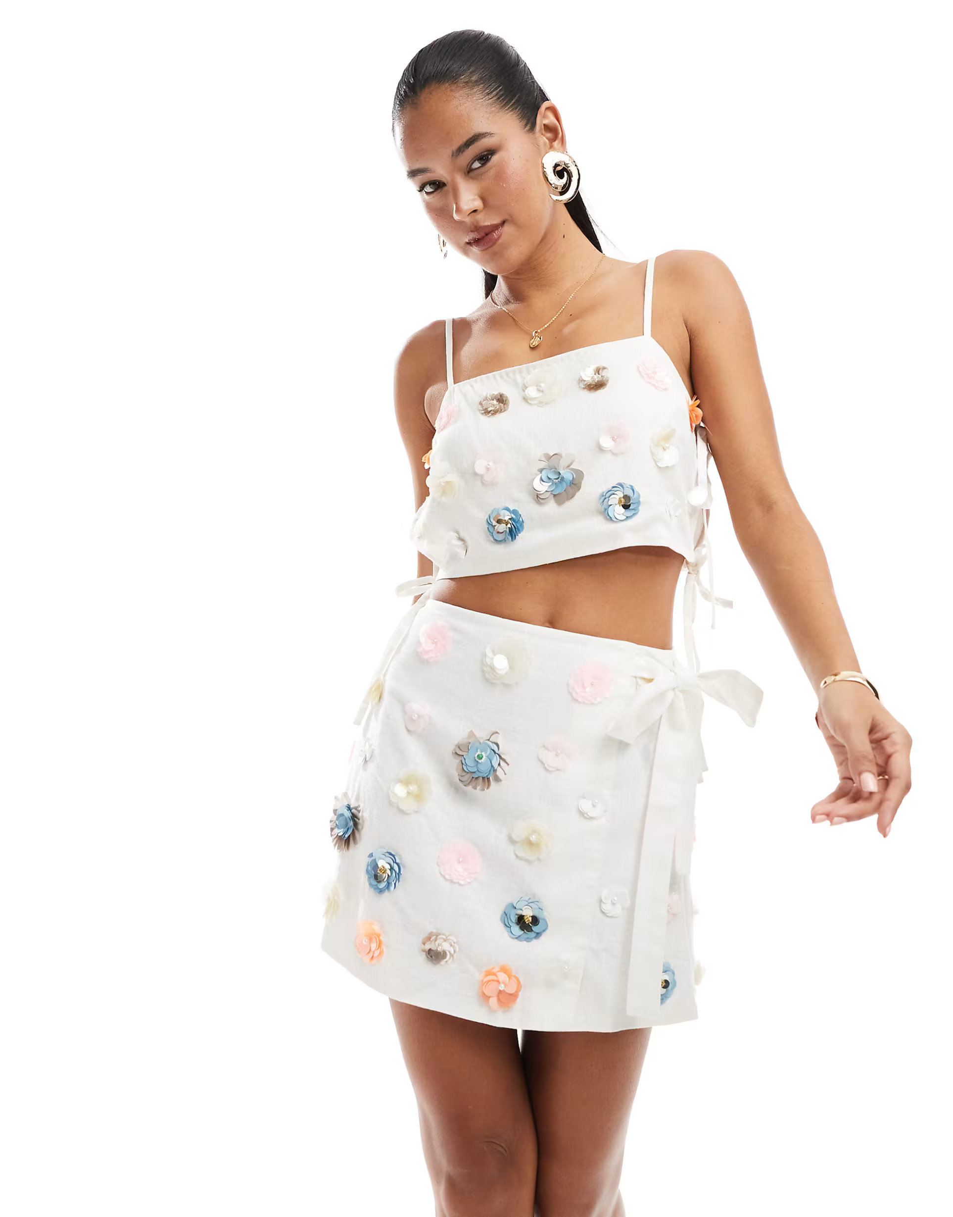 ASOS DESIGN linen look 3D embellishment mini skirt in natural | ASOS (Global)