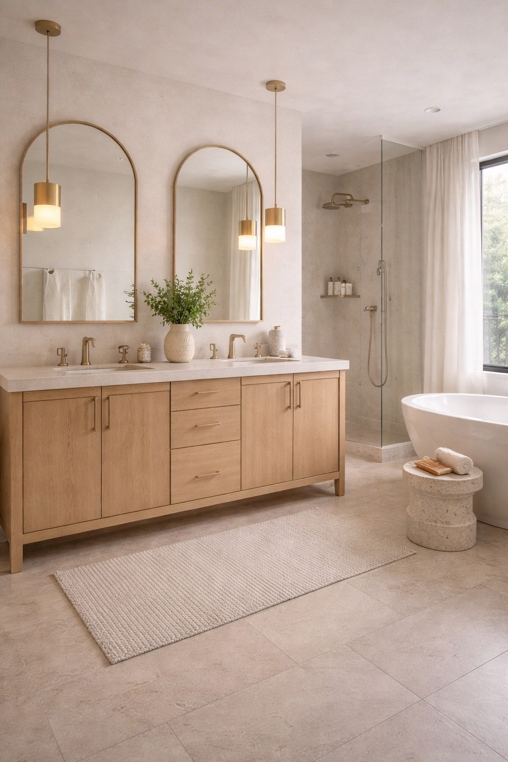 A modern spa-inspired bathroom with a warm wood vanity, arched mirrors, soft stone textures, and calming neutral tones.
This minimalist yet luxurious design creates a serene hotel-like atmosphere at home — perfect for elevated bathroom decor and modern interior inspiration.
Save this look for your next bathroom refresh 🤍

#modernbathroom
#spabathroom
#neutralbathroom
#bathroominspo
#luxuryinteriors
#modernhome
#warmneutrals
#bathroomdesign
#minimalistinterior
#homedecorinspo
