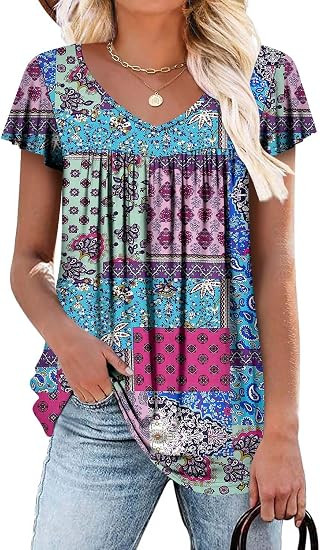 ROSELINLIN Womens Ruffle Sleeve Tunic Tops V Neck Loose Fit Short Sleeve Summer Shirts | Amazon (US)
