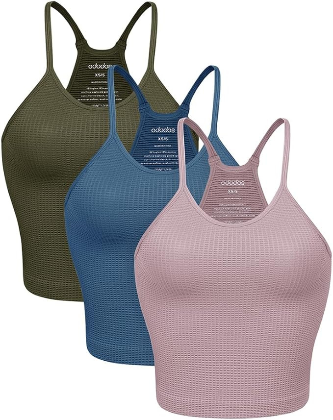 ODODOS Women's Crop 3-Pack Waffle Knit Seamless Camisole Cropped Tank Tops | Amazon (US)