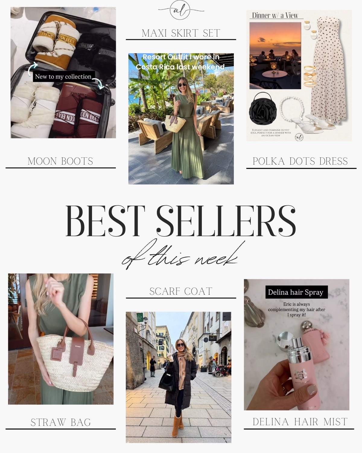 Best seller of this week - moon boots, maxi skirt set, polka dots dress, straw bag, scarf coat, Delina hair mist. 

#LTKSeasonal #LTKU #LTKootd