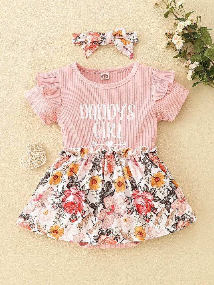 Baby Slogan & Floral Print Ruffle Trim Dress & Headband | SHEIN