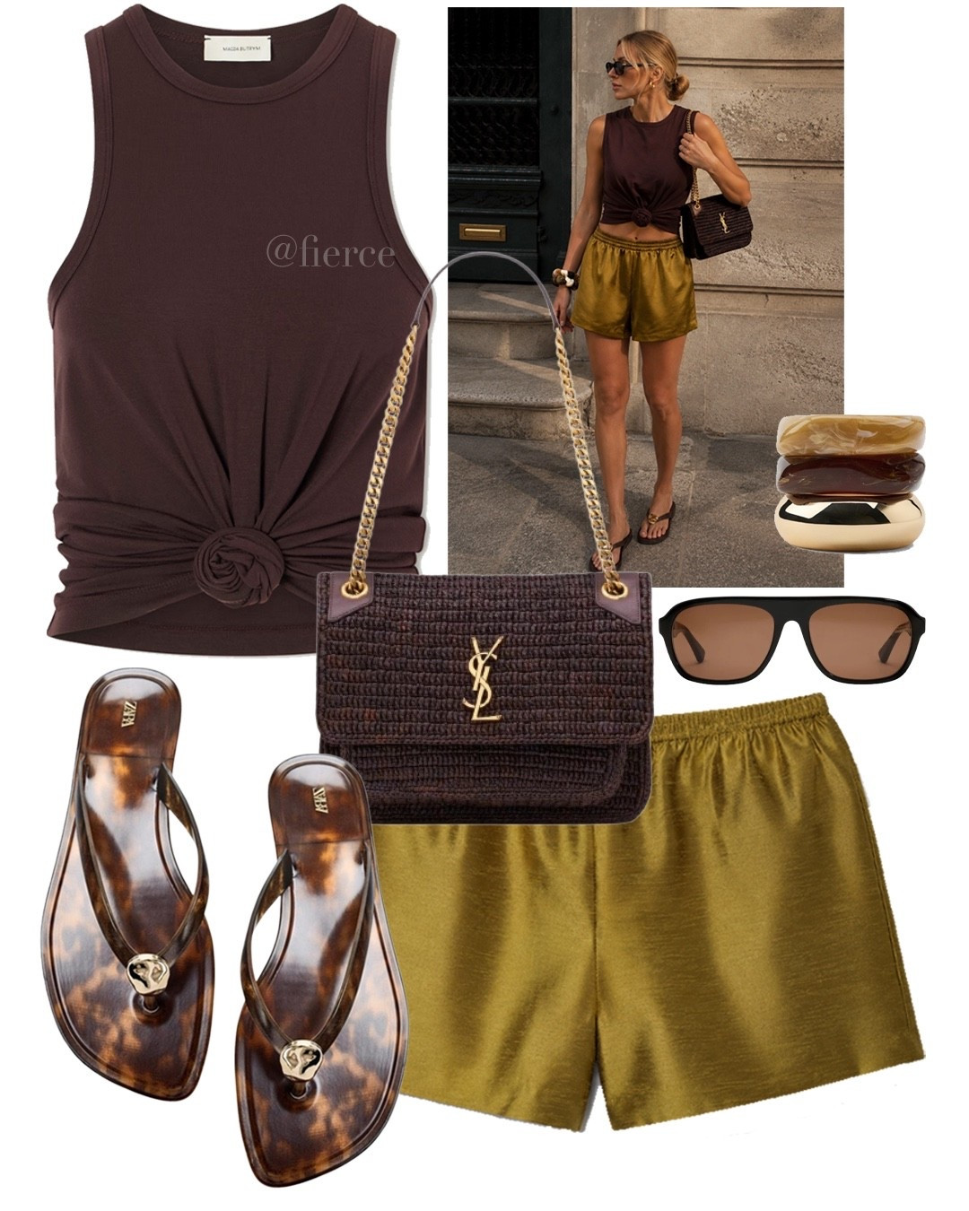 Green satin shorts chocolate brown knot tank top chocolate Ysl bag

#LTKsummer #LTKeurope #LTKuk