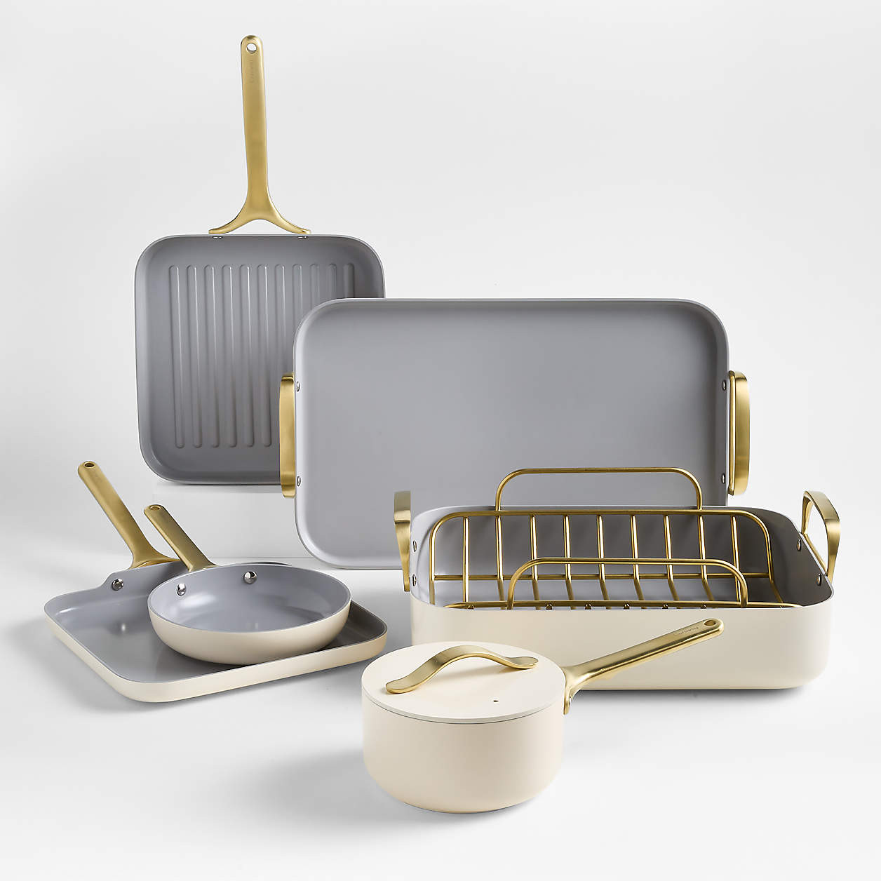 Caraway Cream Ceramic Non-Stick 7-Piece Cookware Set with Gold Hardware | Crate & Barrel | Crate & Barrel