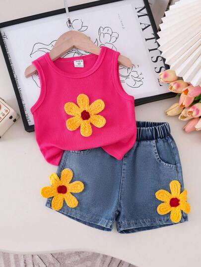 2pcs Toddler Girls Pink Ribbed Tank Top And Blue Denim Shorts Set, Floral Embroidery Decor, Vivid... | SHEIN
