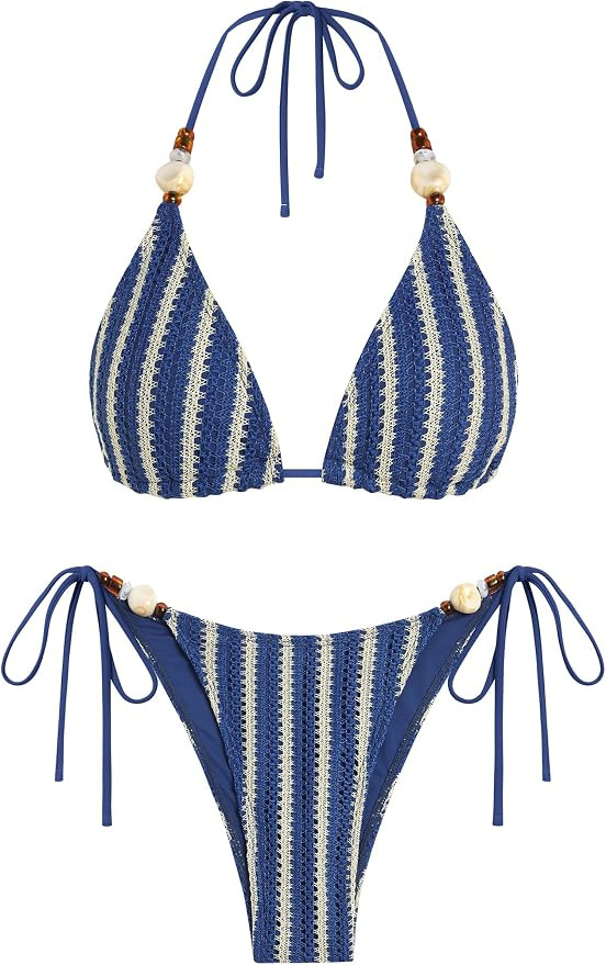 ZAFUL Women's Bikini Sets Beads Triangle Swimsuits 2 Piece String High Cut Cheeky Bathing Suits | Amazon (US)
