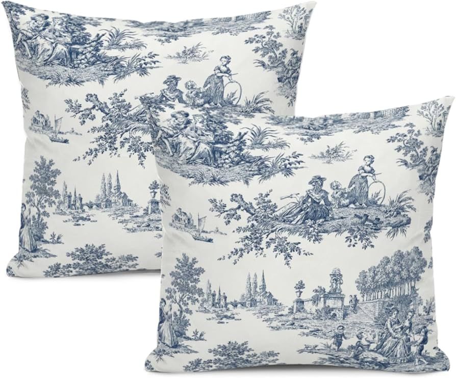 French Country Pillow Covers Navy Blue Toile Pillows Cases Vintage Cottage Throw Pillow Cases 20x20 set of 2 for Farmhouse Sofa Couch Living Room Bedroom Christmas Decor | Amazon (US)