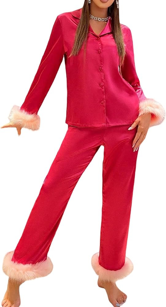 KMBANGI Women Feather Trim Pajama Set Long Sleeve Button Up Top Pants 2Piece Lounge Set Satin Pj ... | Amazon (US)