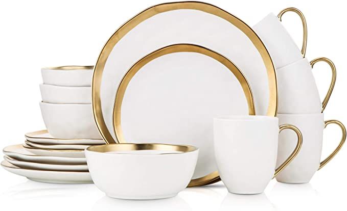 Stone Lain Porcelain 16 Piece Dinnerware Set, Service for 4, White and Golden Rim | Amazon (US)