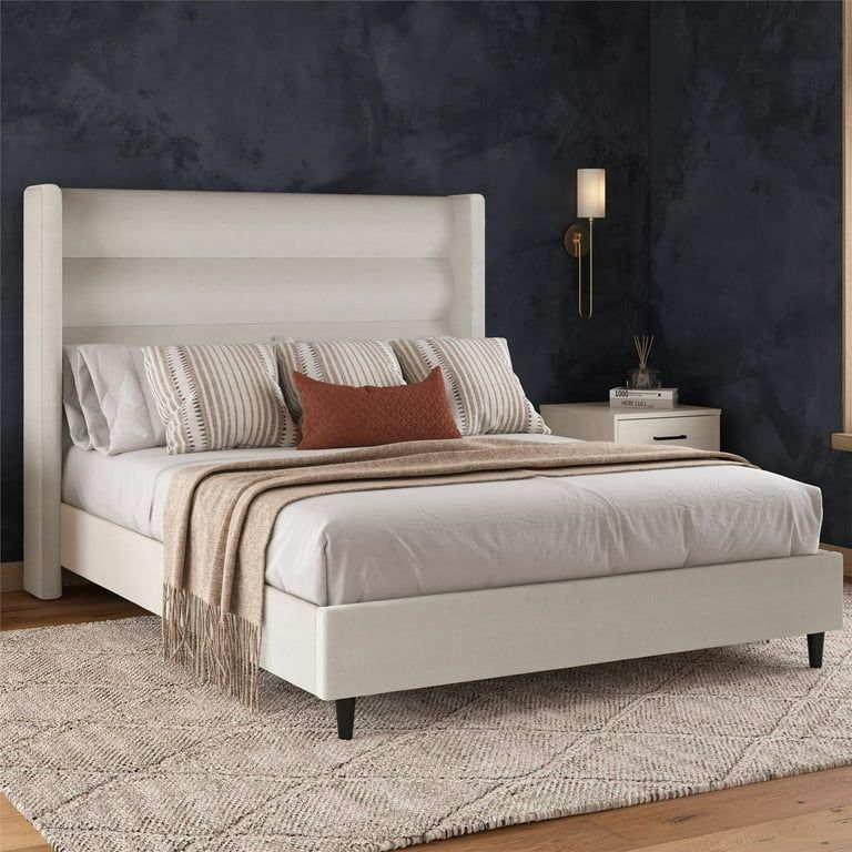 Novogratz Louis Upholstered Bed Frame with High Tufted Headboard, Queen, Textured Ivory Canvas | Walmart (US)
