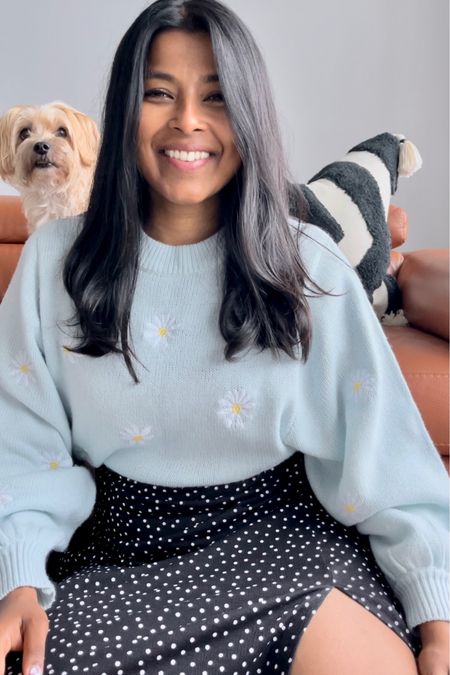 Linked similar floral sweaters. I’m wearing the sweater over a polka dot dress from Zara. Linked similar polka dot skirts.  Spring outfit.  

#LTKunder50 #LTKSeasonal