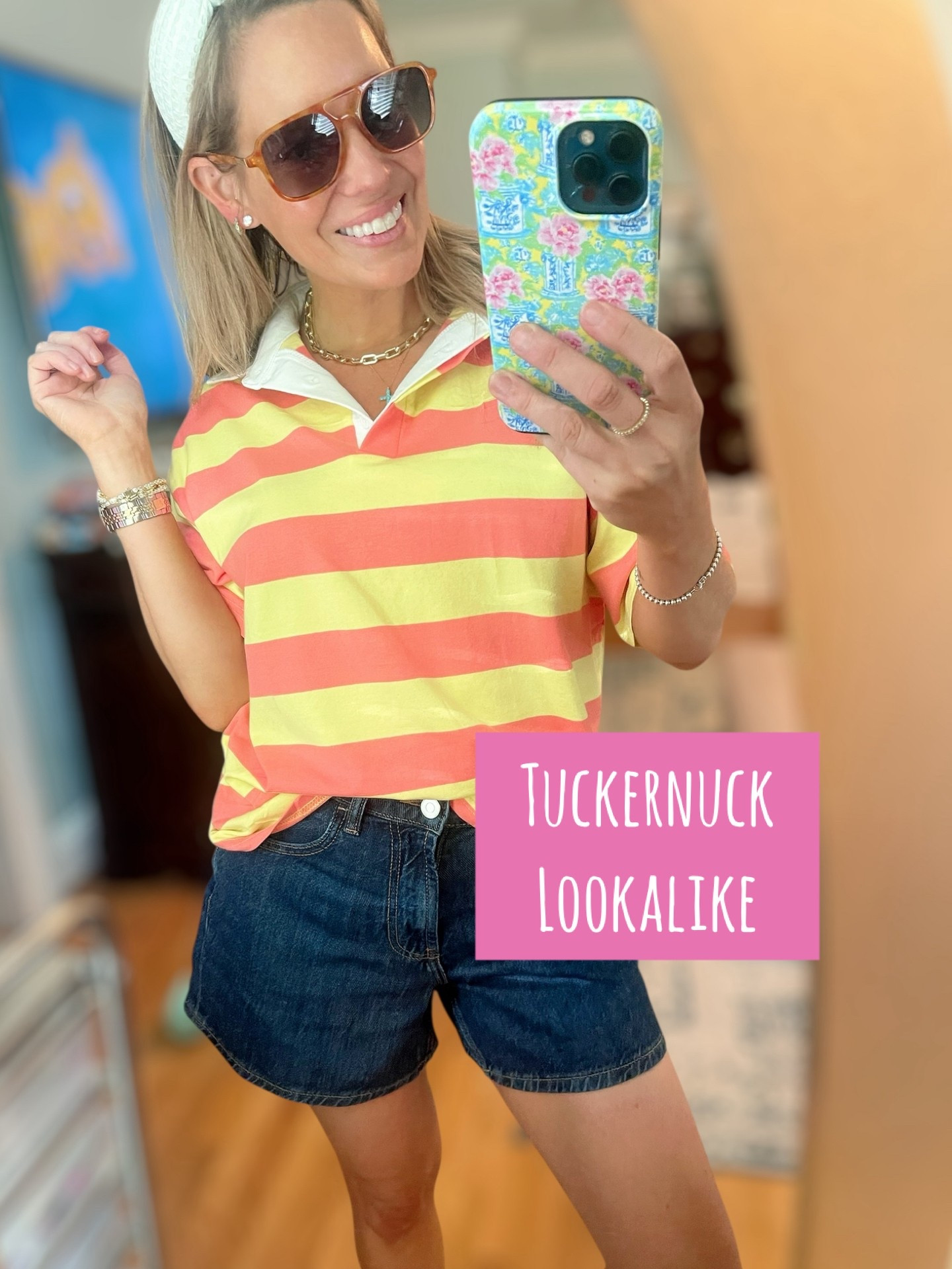 Code PREPPYREBEL saves you 10% on all Melinda Maria Jewelry!
This look gives me major Tuckernuck vibes — but on a budget! Perfect for summer errands, brunch, or a weekend getaway!

Outfit Details:
Top: Bold striped polo in sunshine yellow + coral — a fun & sporty Tuckernuck lookalike at a fraction of the price!
Shorts: Dark wash denim shorts with a modest length and flattering fit (wearing size 26 for reference)
Sandals: White cutout slides that mimic the classic Hermes style without the splurge
Accessories:
	•	White textured headband for a classic, polished touch
	•	Melinda Maria gold jewelry layered to perfection (tennis bracelet, chunky hoops, and dainty chain)
	•	Save 10% with code PREPPYREBEL at Melinda Maria!

Style Tip: This bright striped polo looks SO cute tucked or knotted — perfect for preppy summer layering!

#preppystyle #tuckernucklookalike #summeroutfitinspo #melindamaria #budgetfriendlyfashion #LTKunder50 #summerstyleedit #stripedshirtseason #elevatedcasual


#LTKFindsUnder100 #LTKFindsUnder50 #LTKOver40