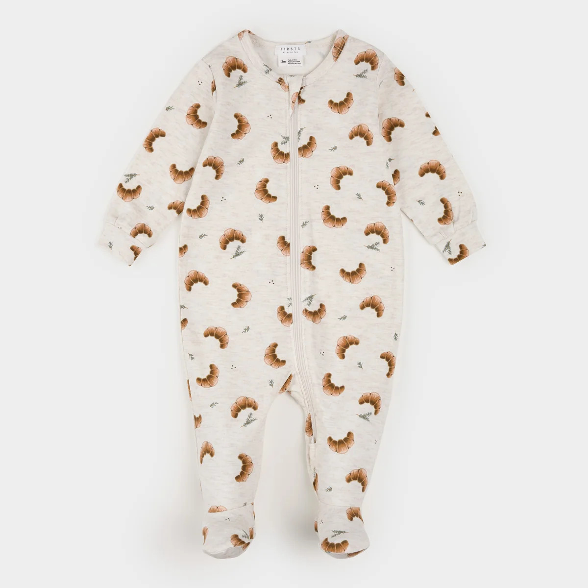 Croissant Print on Heather Oatmeal LunaKnit Sleeper | Petit Lem
