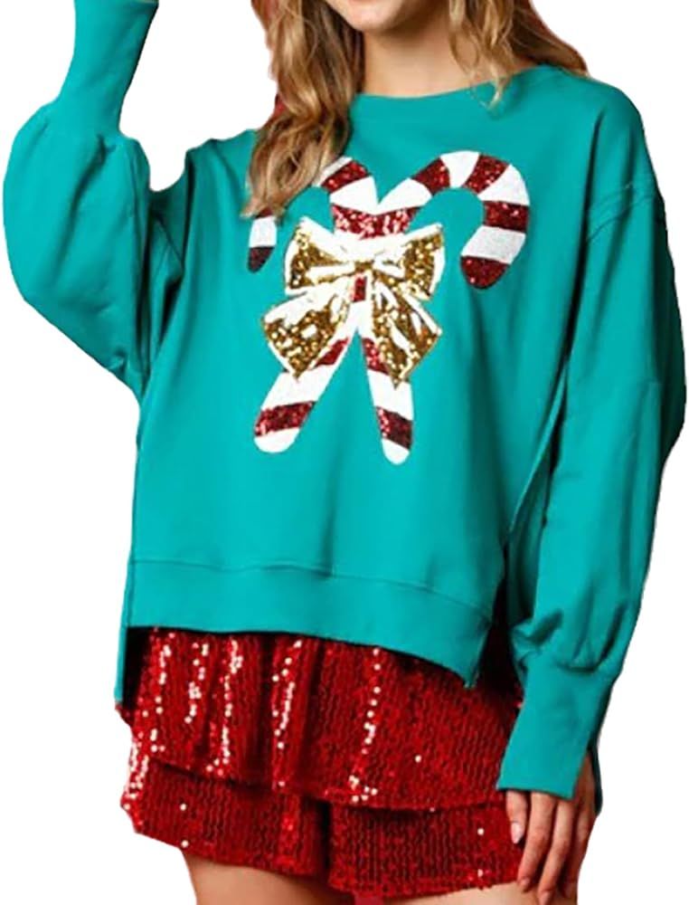 Glkaend Women's Sequin Christmas Sweatshirt Cute Funny Graphic Printed Casual Crewneck Long Sleeve P | Amazon (US)