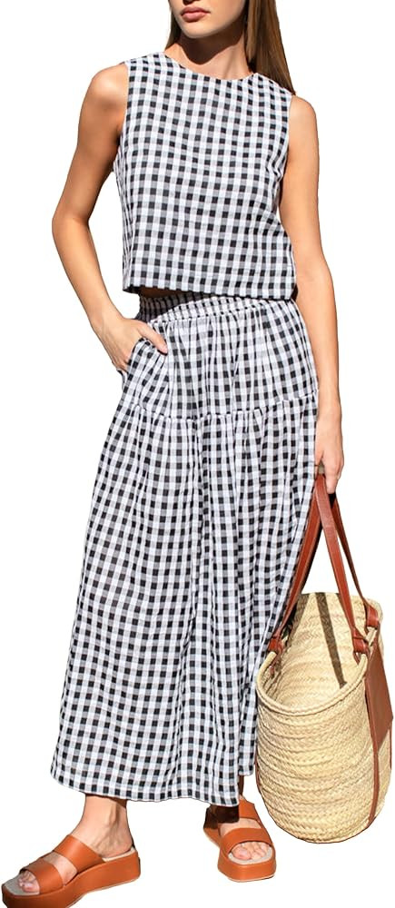 Womens Gingham Two Piece Set Sleeveless Top High Waist Skirt Set | Amazon (US)