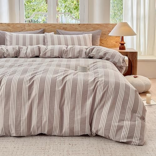 BESTDESIL Striped Duvet Cover Set 100% Washed Cotton Linen Like Super Soft Chic Bedding Set 3 Pcs... | Amazon (CA)