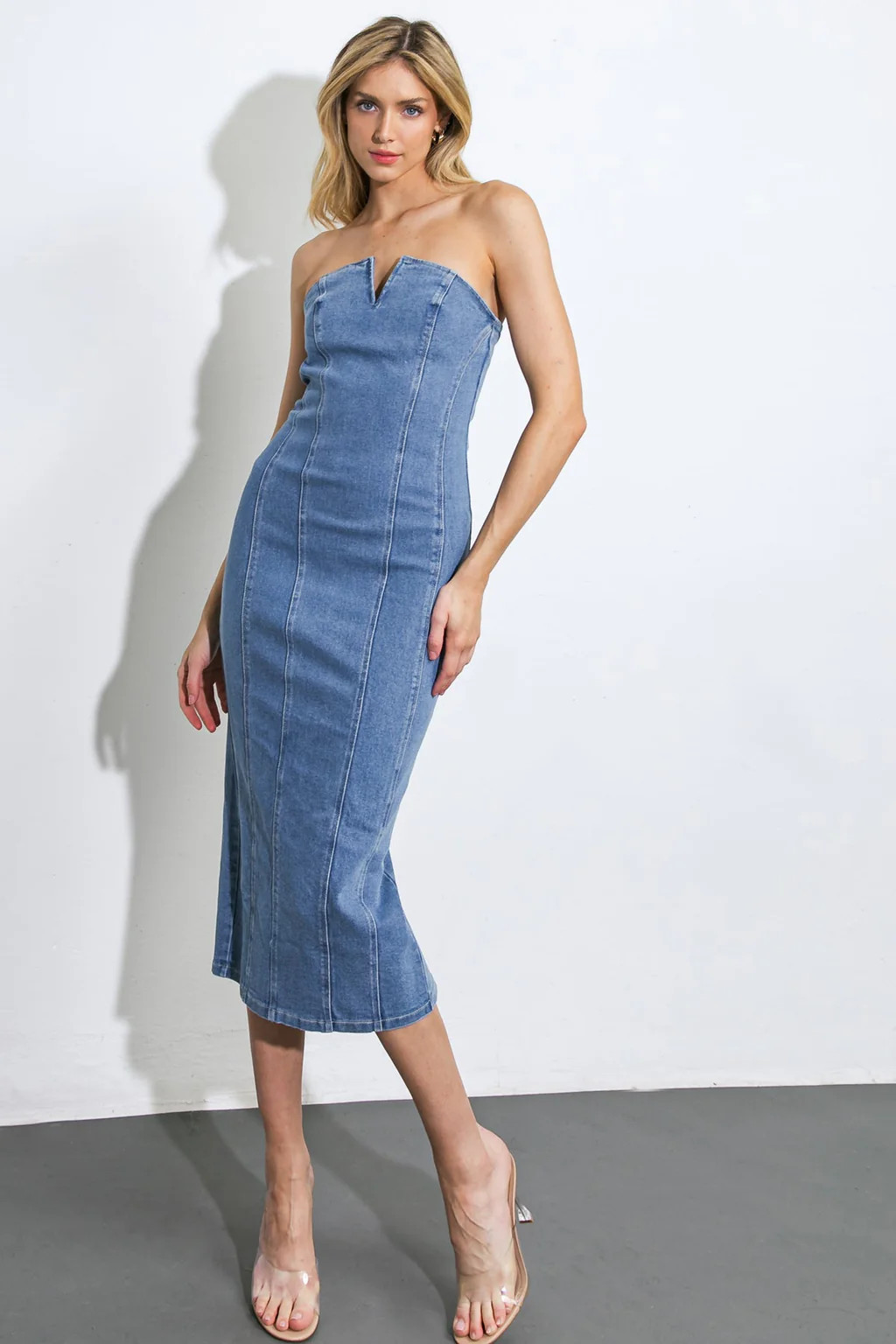 DIVINE DREAM STRAPLESS DENIM MIDI DRESS | Lady Black Tie