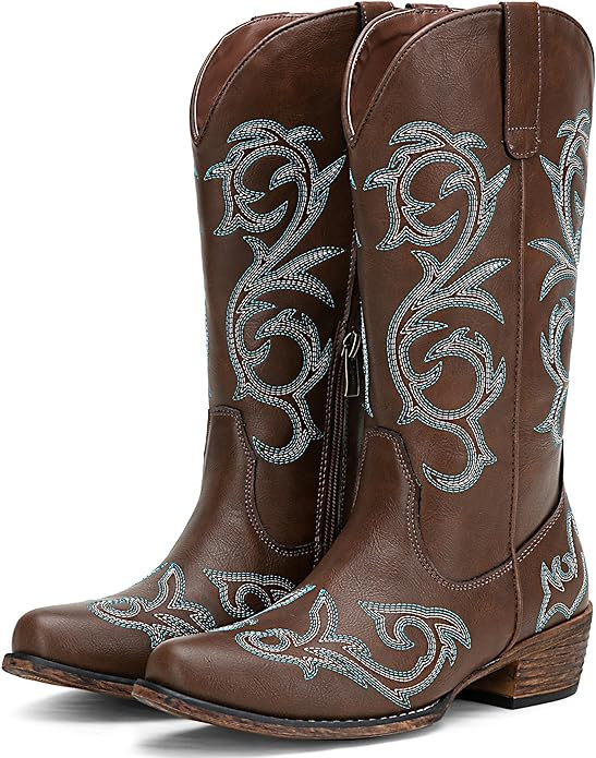 Jeossy Cowboy Boots for Women Wide Calf with Low Chunky Heel, Cowgirl Mid Calf Western Embroidere... | Amazon (US)